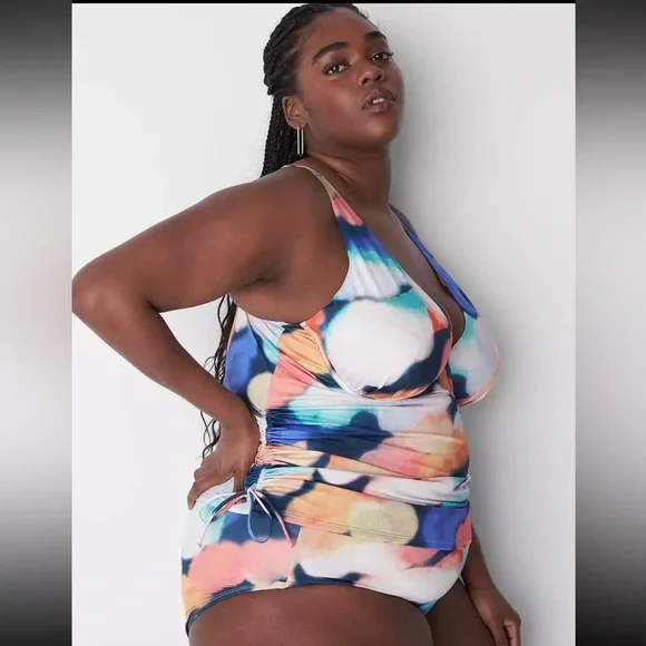 New LANE BRYANT CACIQUE SWIM Lightly Lined Plunge UNDERWIRE TANKINI TOP 44DDD - Picture 2 of 14